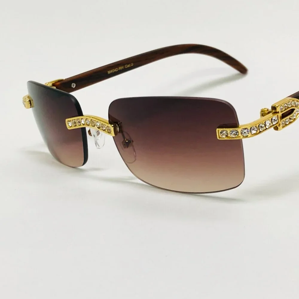 Men Sunglasses Square Brown‎ Lens Fashion Diamond Bling Hip Hop Style Rimless